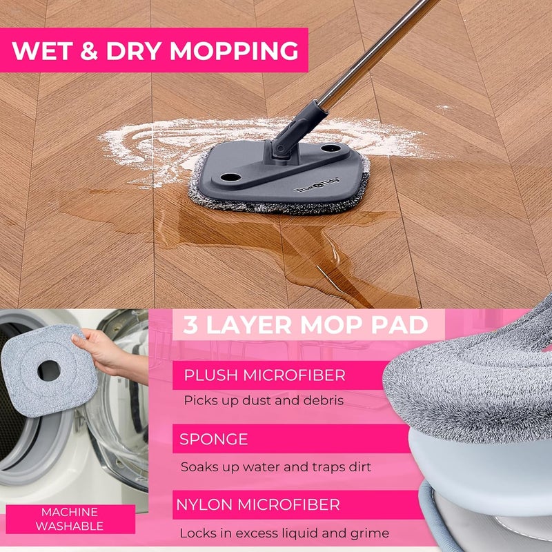 True & Tidy True Clean Spin Mop & Bucket System – Dual Compartment Design for Clean & Dirty Water, 360° Swivel Mop Head, Built-in Scrubbing Brush, Stainless Steel Handle & 2 Reusable Microfiber Pads - Image 5